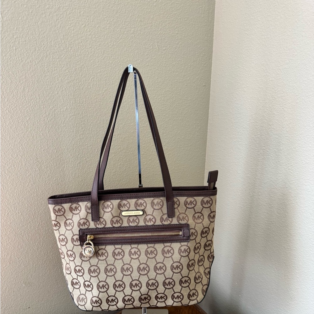 MICHAEL KORS Brown Signature Canvas Tote with Leather Trim NWOT